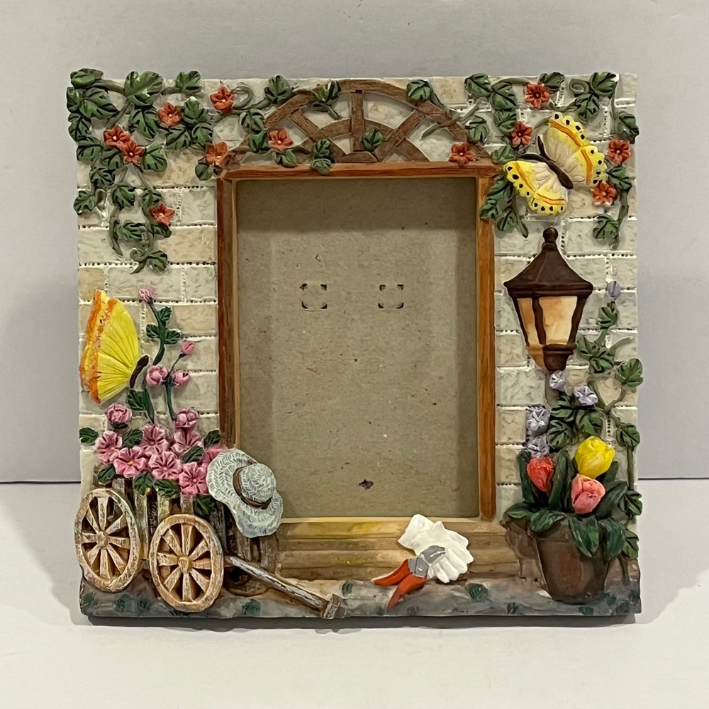 Garden Cottage 3D Resin Picture Frame Butterfly Flower Cart 2.5x3.5 Photo